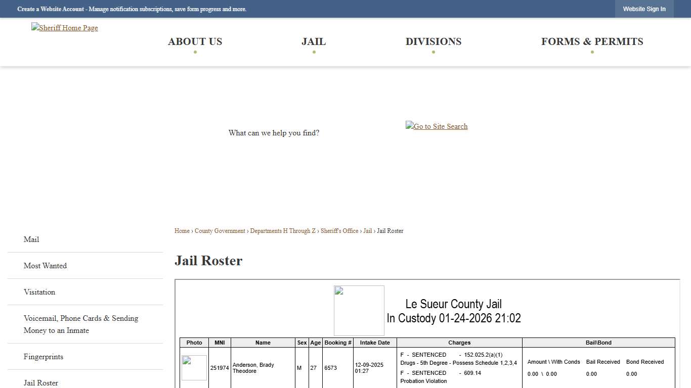 Jail Roster Le Sueur County, MN