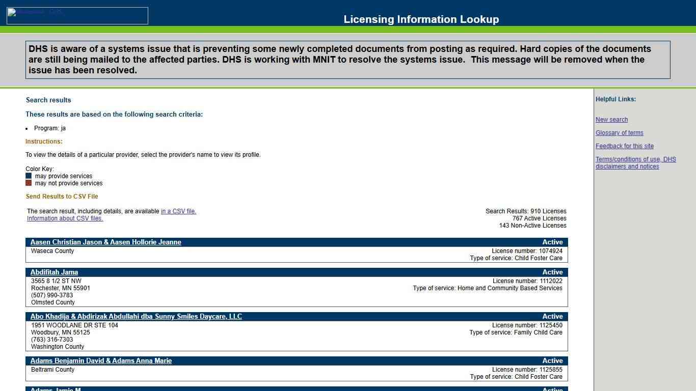 Search results, MN DHS Licensing Info Lookup